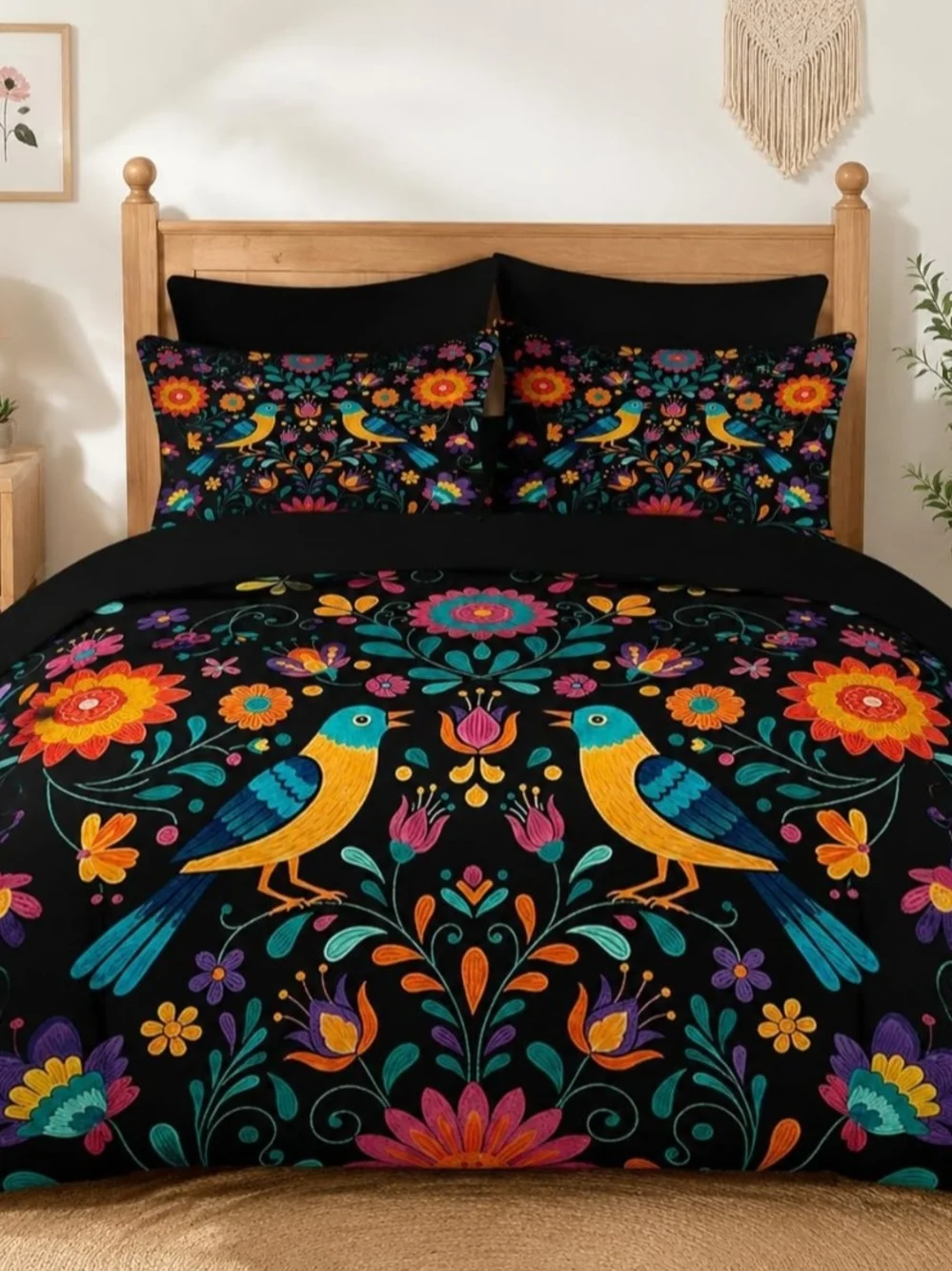Bird Floral Black Bed In Bag with Vibrant Multicolor Print Full Size